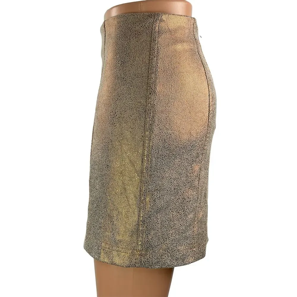 Free People Women's Gold Metallic High Waisted Zip Pencil Mini Skirt Size 0